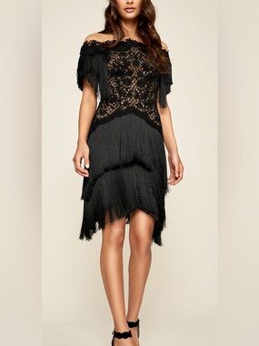 Tadashi Shoji Alder Black Faux Off the Shoulder Lace & Fringe Dress